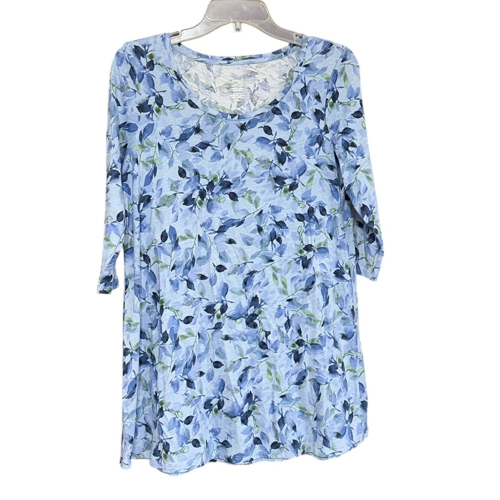 Pure J Jill Ballet Sleeve Tunic M Petite Blue Floral Leaf Cotton Modal Cozy